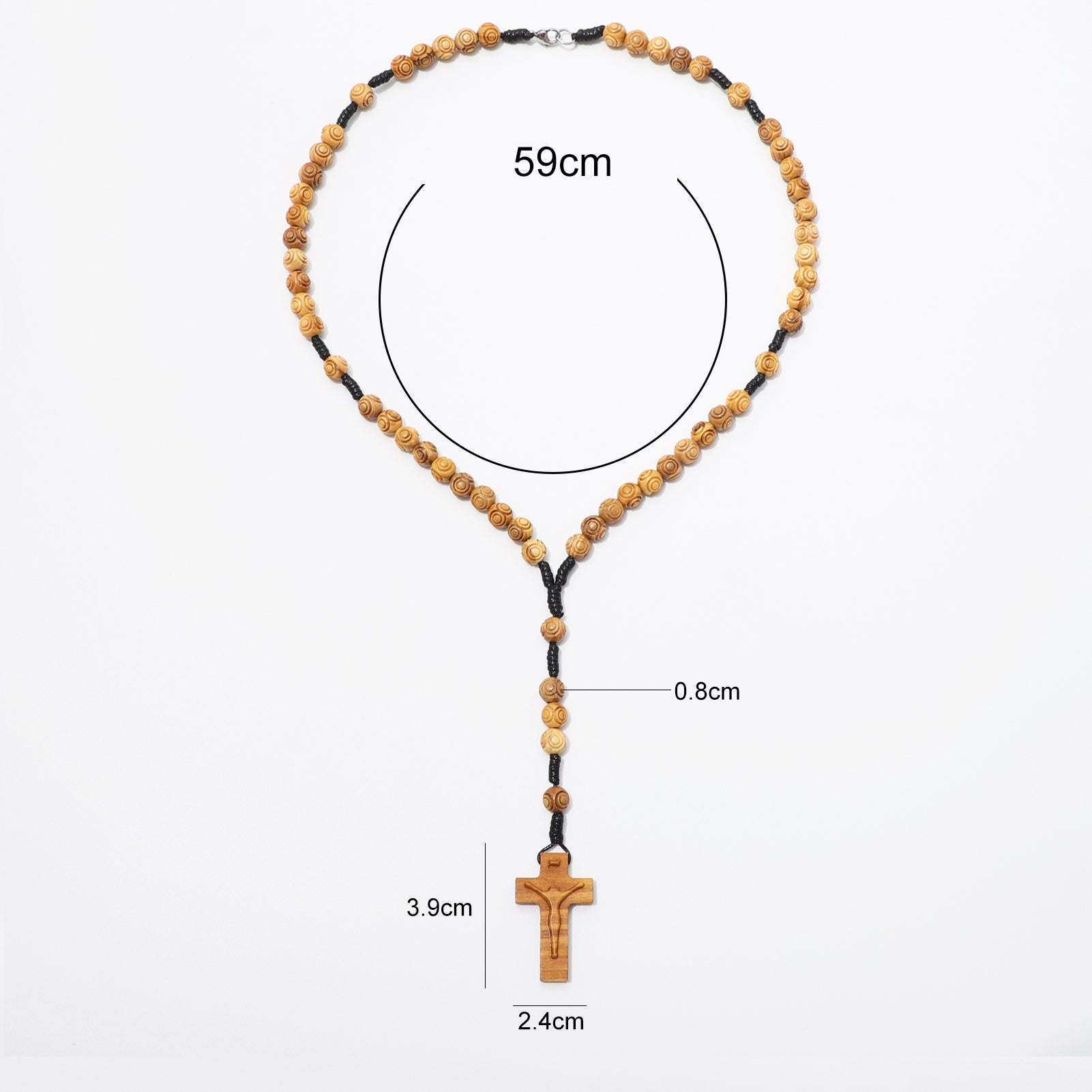 Wooden bead rosary necklace with a wooden crucifix pendant, shown with dimension labels