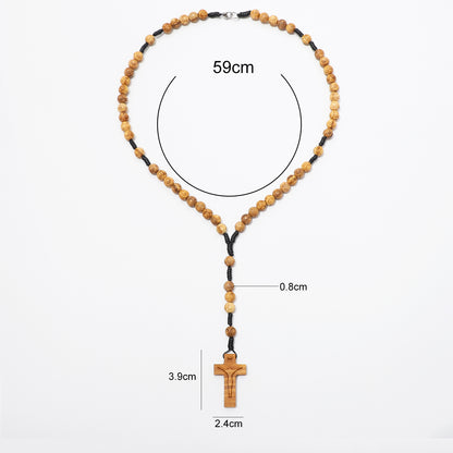 Wooden bead rosary necklace with a wooden crucifix pendant, shown with dimension labels