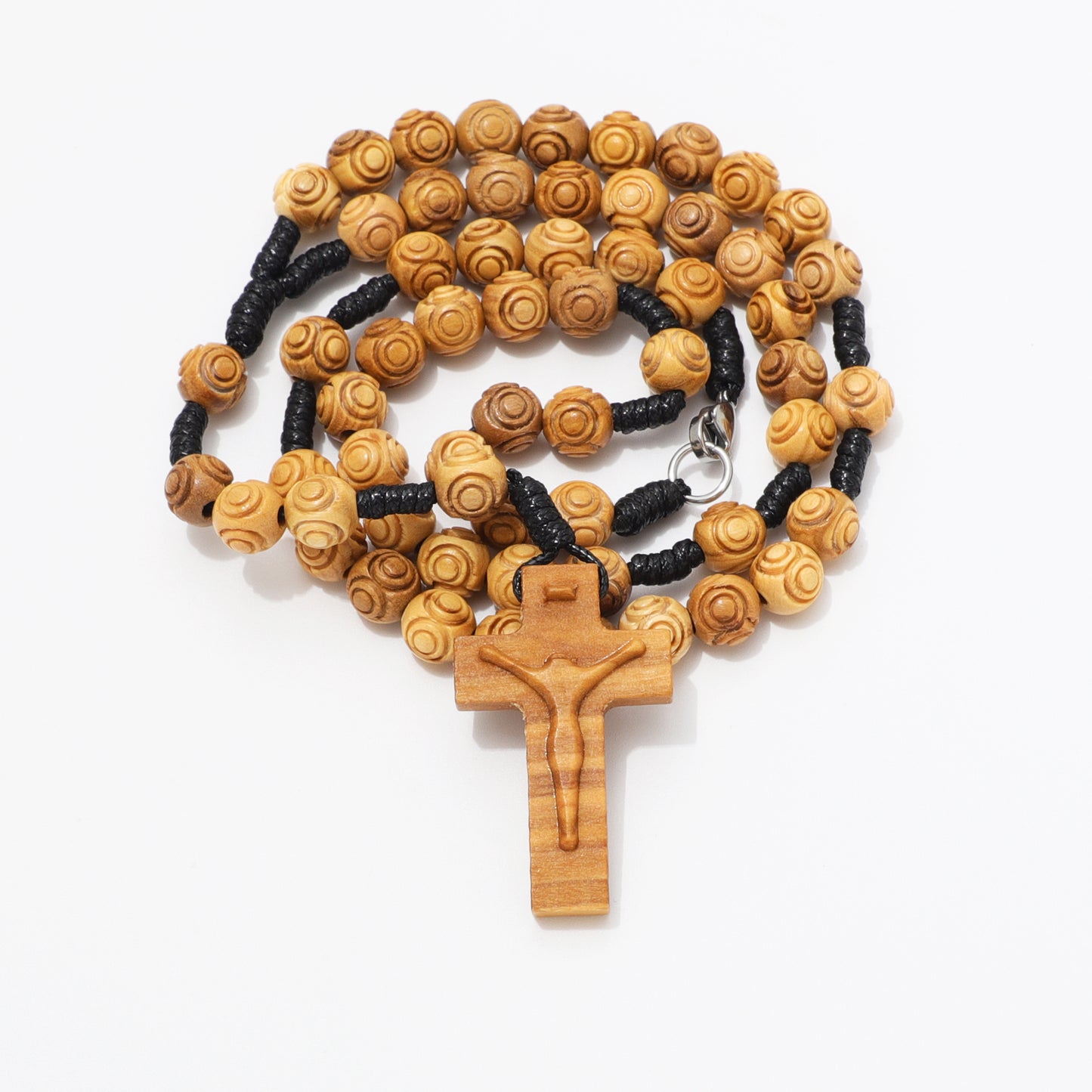 Olive Wood Rosary Necklace Engraved Beads - 8mm