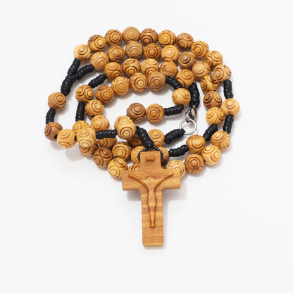 Olive Wood Rosary Necklace Engraved Beads - 8mm
