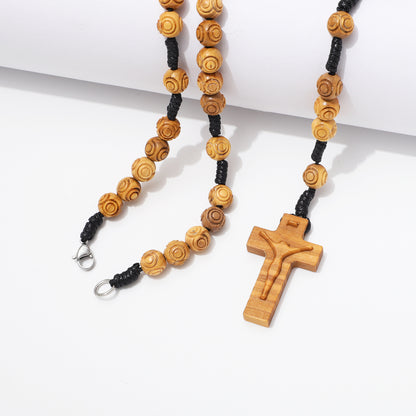 Olive Wood Rosary Necklace Engraved Beads - 8mm