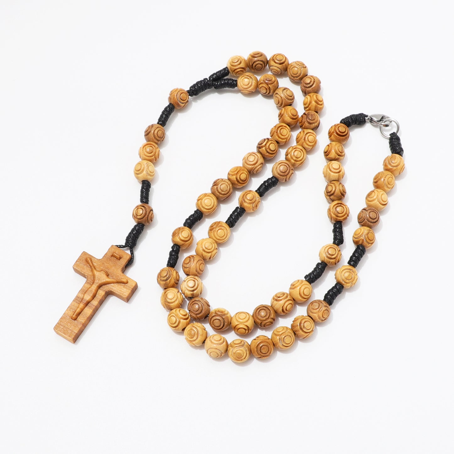 Olive Wood Rosary Necklace Engraved Beads - 8mm