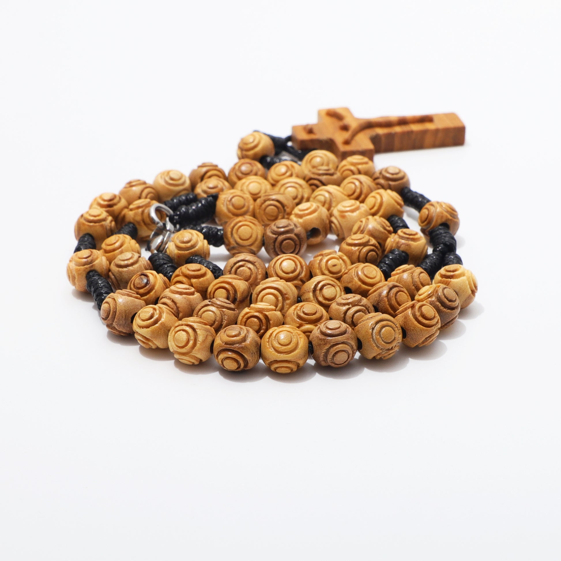 Olive Wood Rosary Necklace Engraved Beads - 8mm
