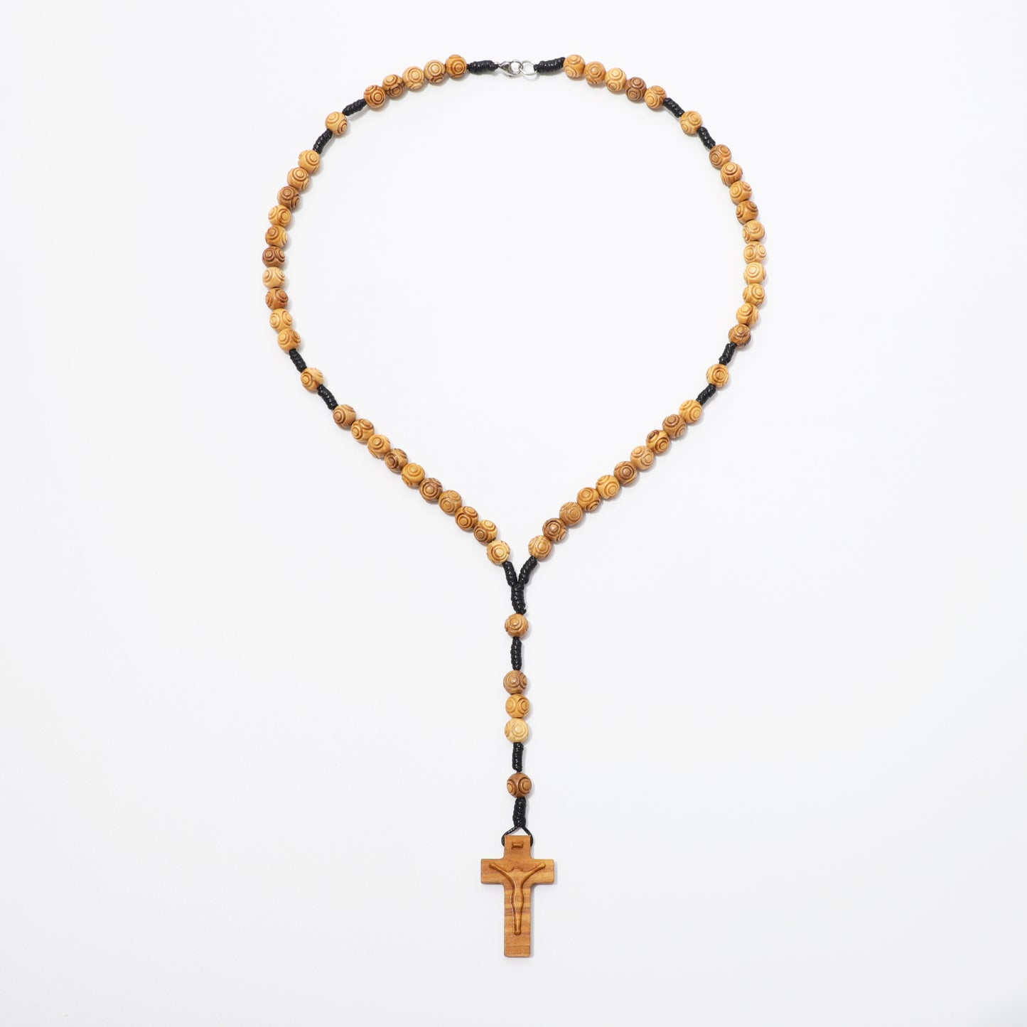 Olive Wood Rosary Necklace Engraved Beads - 8mm