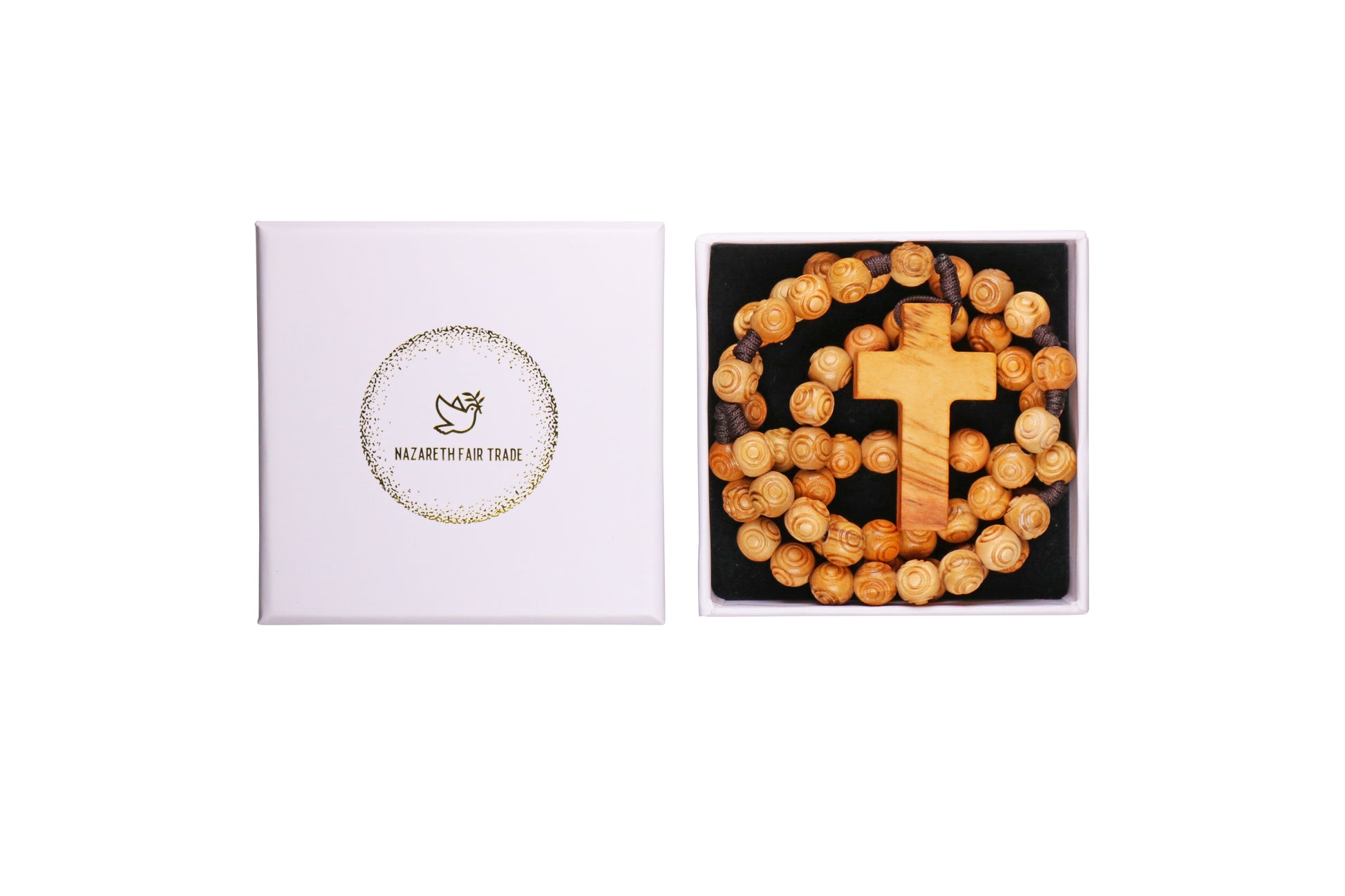 Stunning olive wood rosary is meticulously handcrafted in Nazareth, Galilee, featuring 8mm engraved beads that reflect the rich spiritual heritage of the Holy Land.