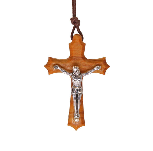 Olive Wood & Silver Christ Crucifix Necklace Close Up