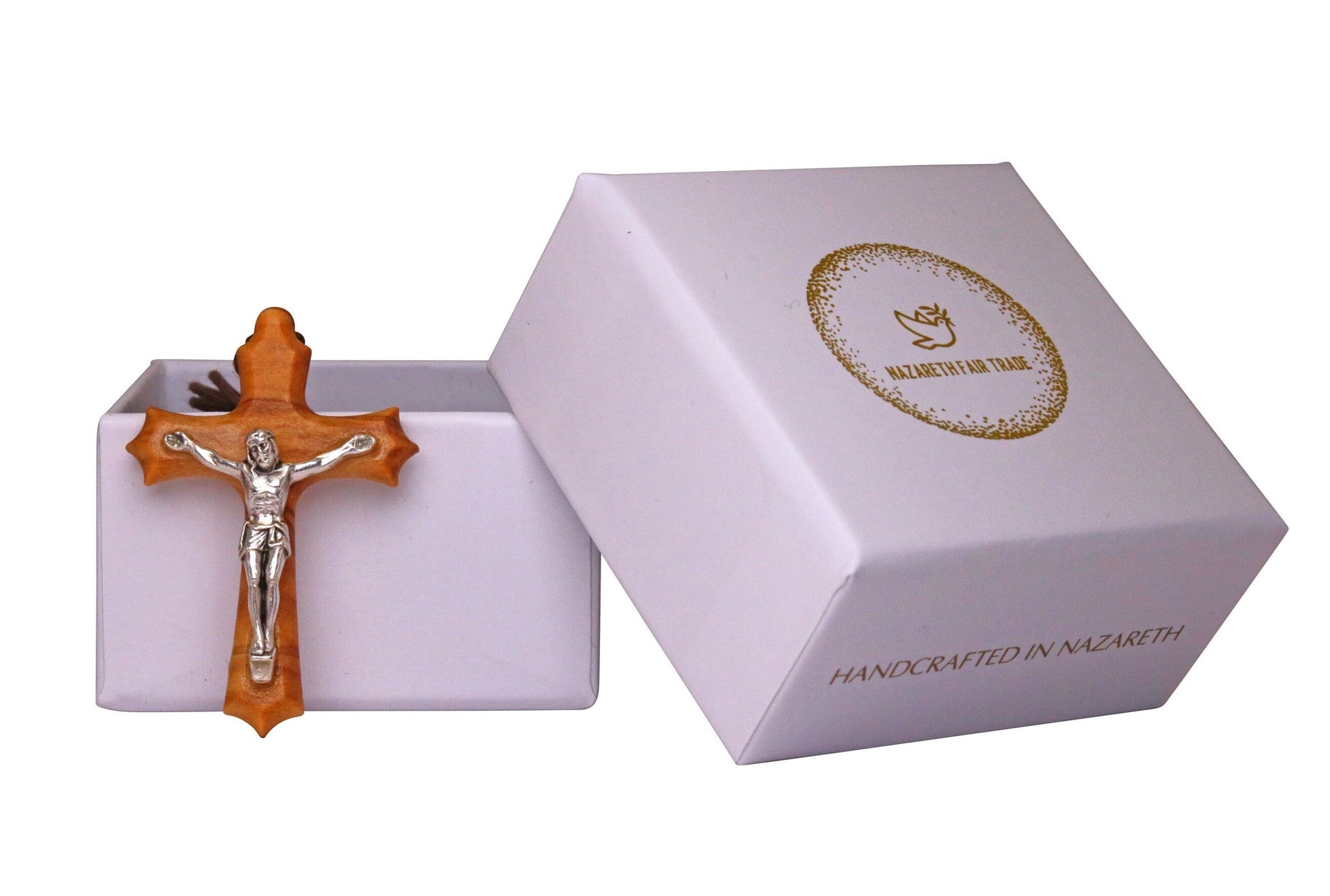 Olive Wood & Silver Christ Crucifix Necklace Outside Gift Box