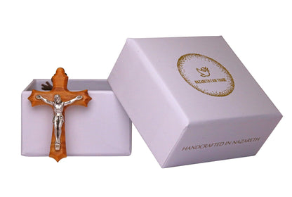 Olive Wood & Silver Christ Crucifix Necklace Outside Gift Box