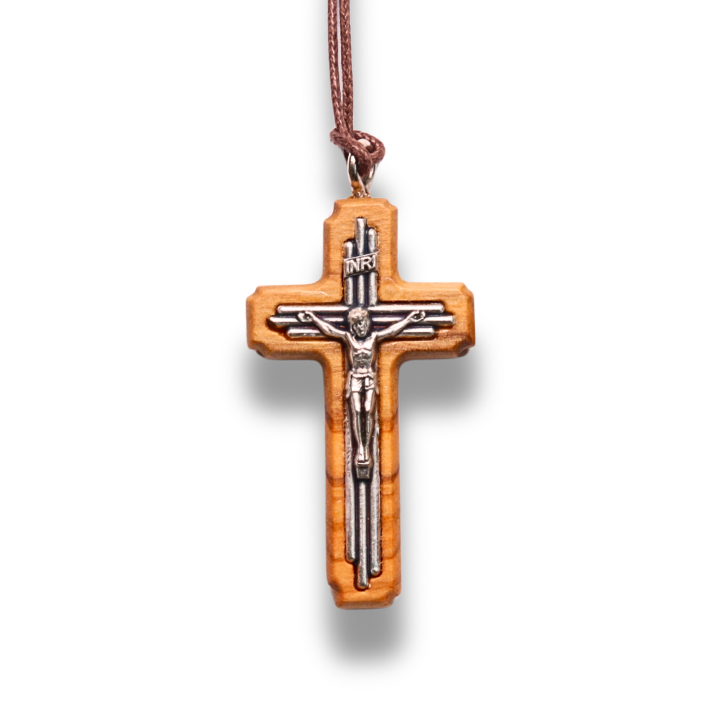 Olive_Wood_Tri_Line_Crucifix_Necklace_Large