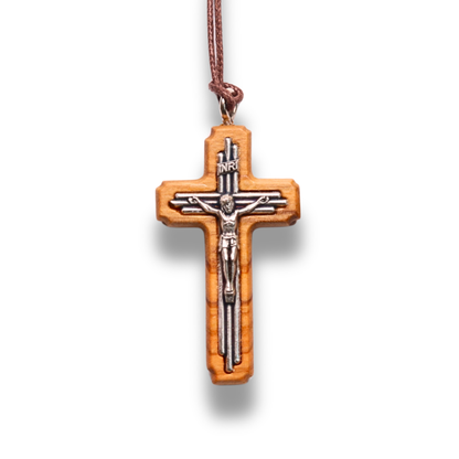 Olive_Wood_Tri_Line_Crucifix_Necklace_Large