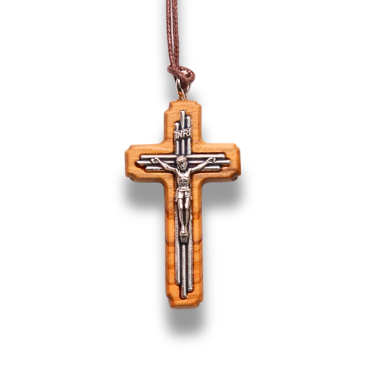 Olive_Wood_Tri_Line_Crucifix_Necklace_Large
