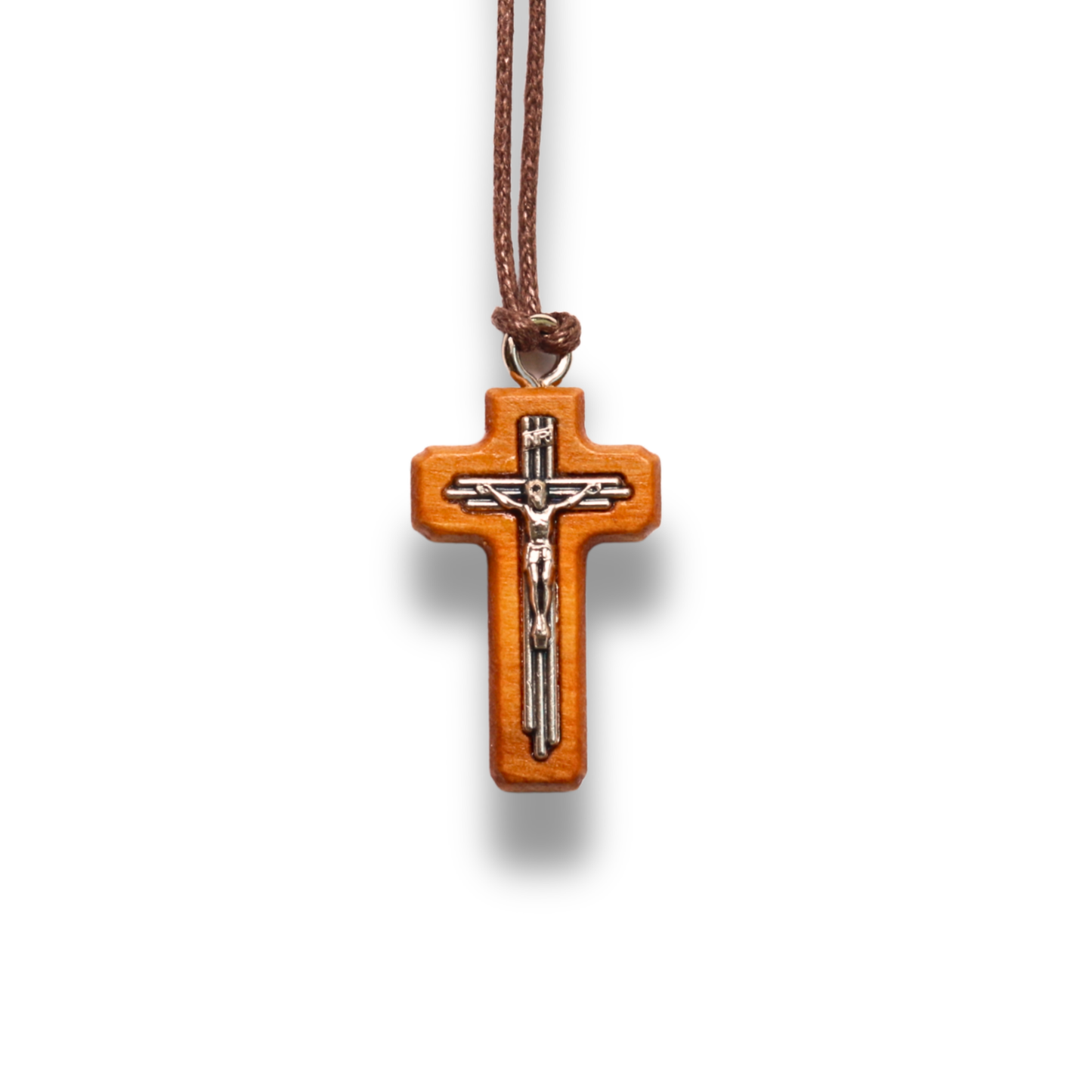 Olive_Wood_Tri_Line_Crucifix_Necklace_Small