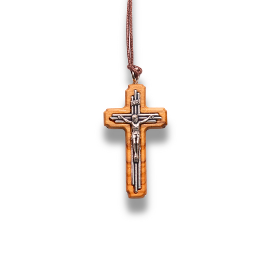 Tri-Line Olive wood Crucifix Necklace