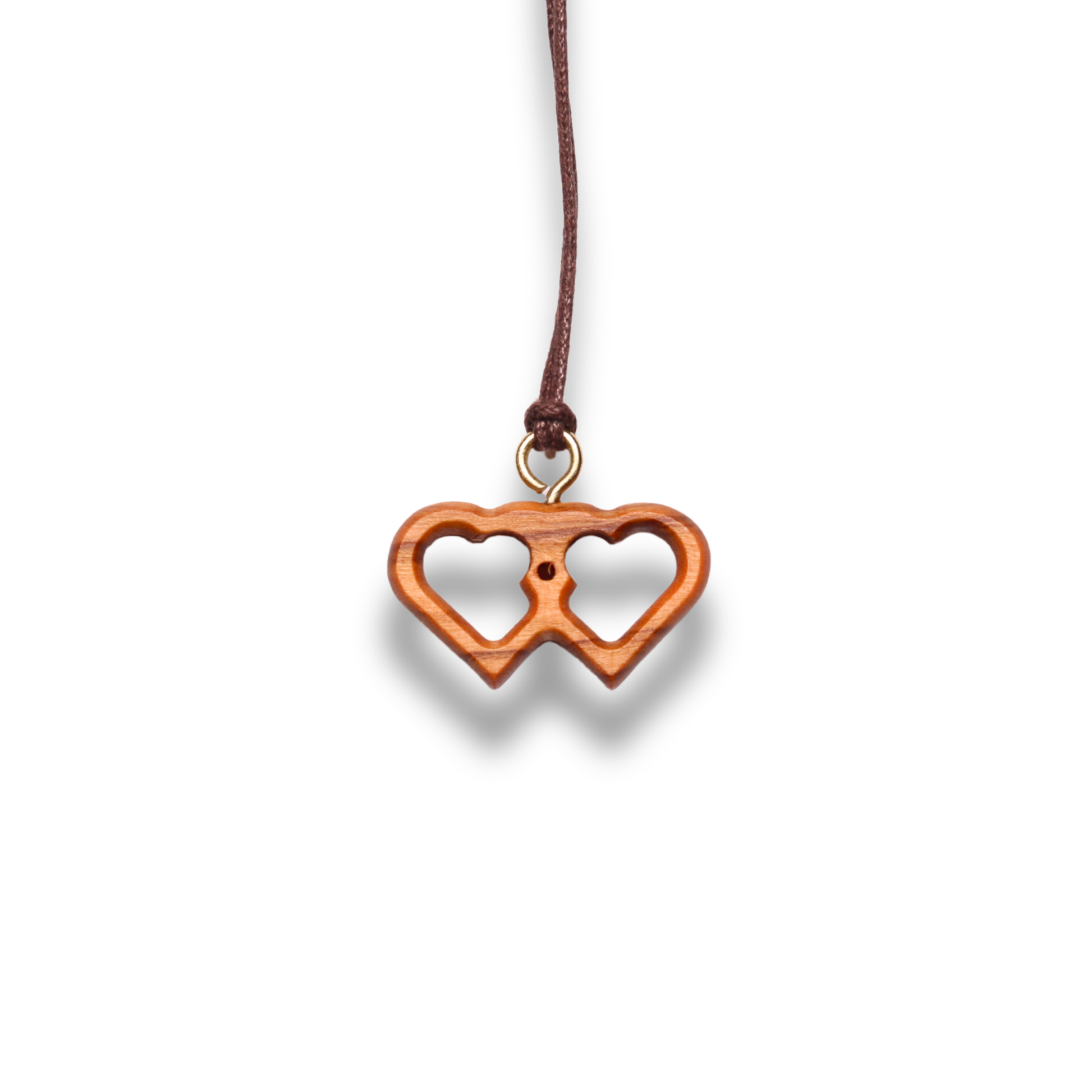 Olive Wood pendant shaped like two interlocking hearts on a white background