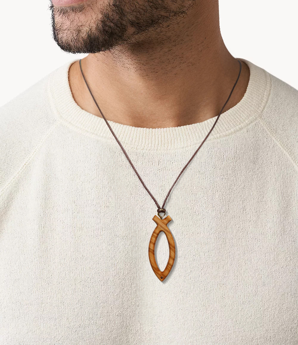 Olive wood Ichthus symbol cross necklace