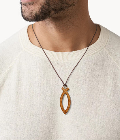Olive wood Ichthus symbol cross necklace