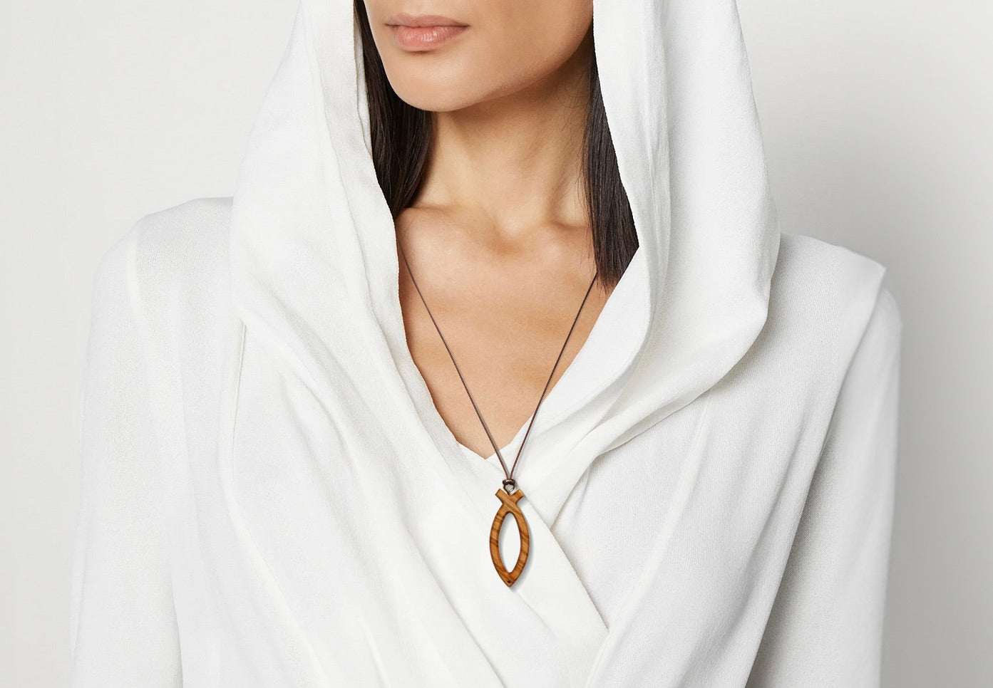 Olive wood Ichthus symbol cross necklace