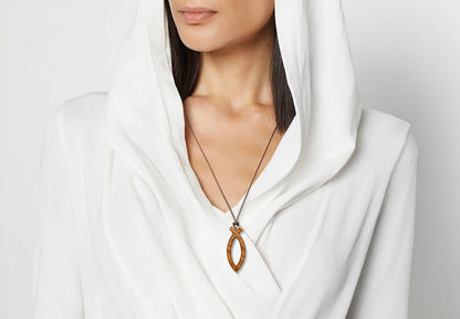 Olive wood Ichthus symbol cross necklace