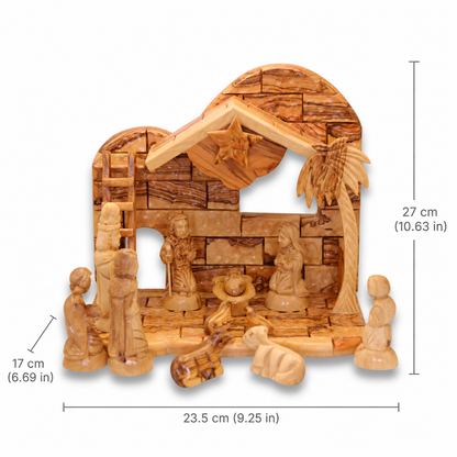 Hand-carved olive wood nativity scene with multiple figures and a stable structure With Measurements