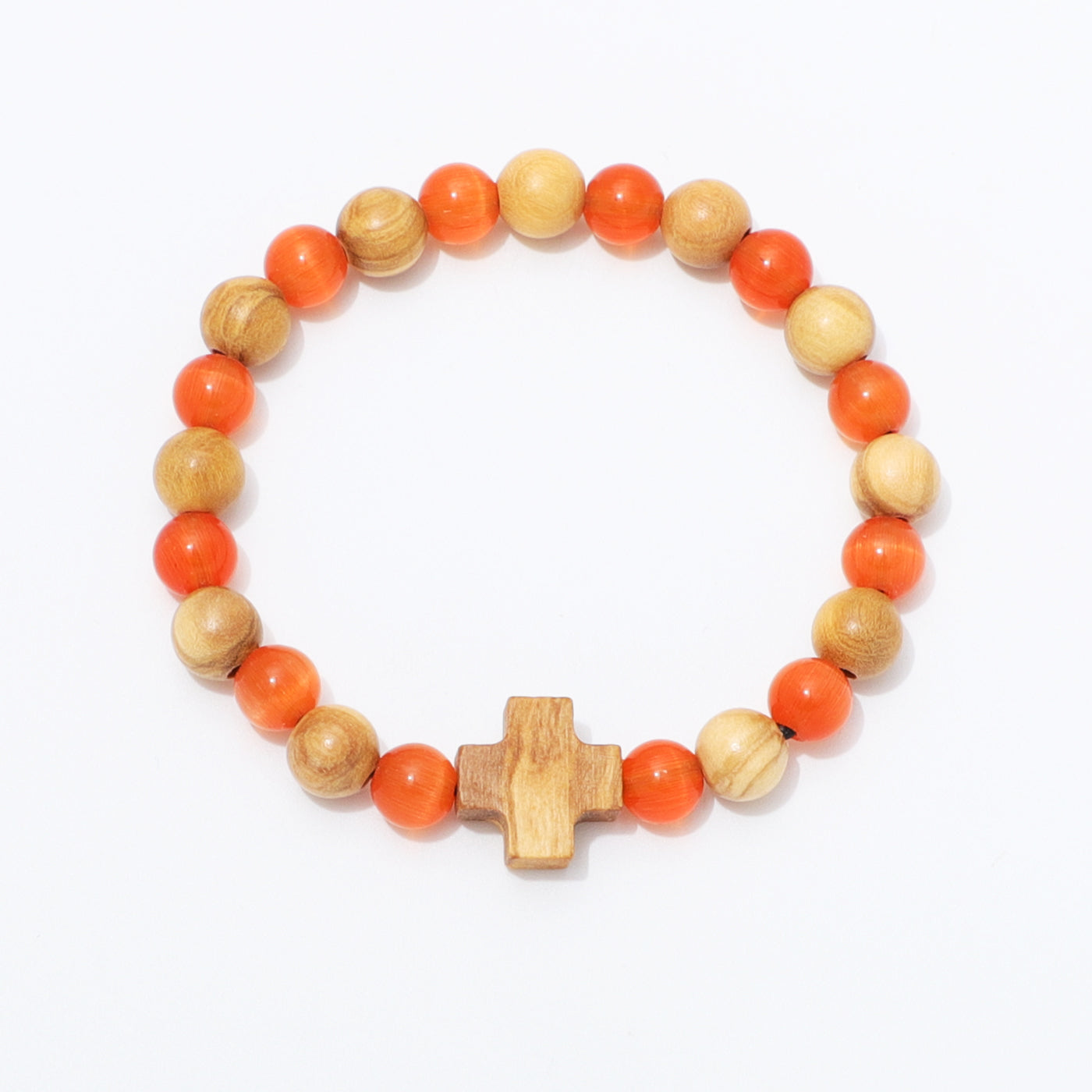 A beaded stretch bracelet featuring alternating orange and light natural wood beads, with a small wooden cross charm at the front, displayed on a clean white background.
