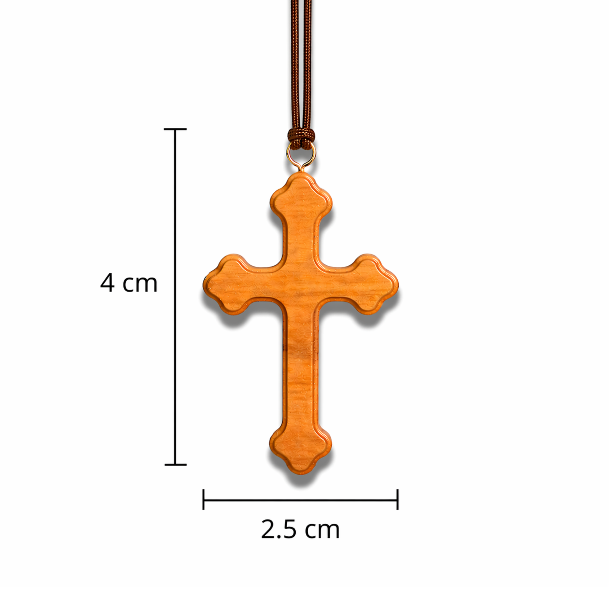 Wooden cross pendant with dimensions on a white background