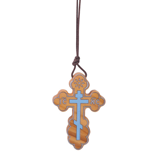 Orthodox Elegance Olive Wood Cross Necklace Close Up