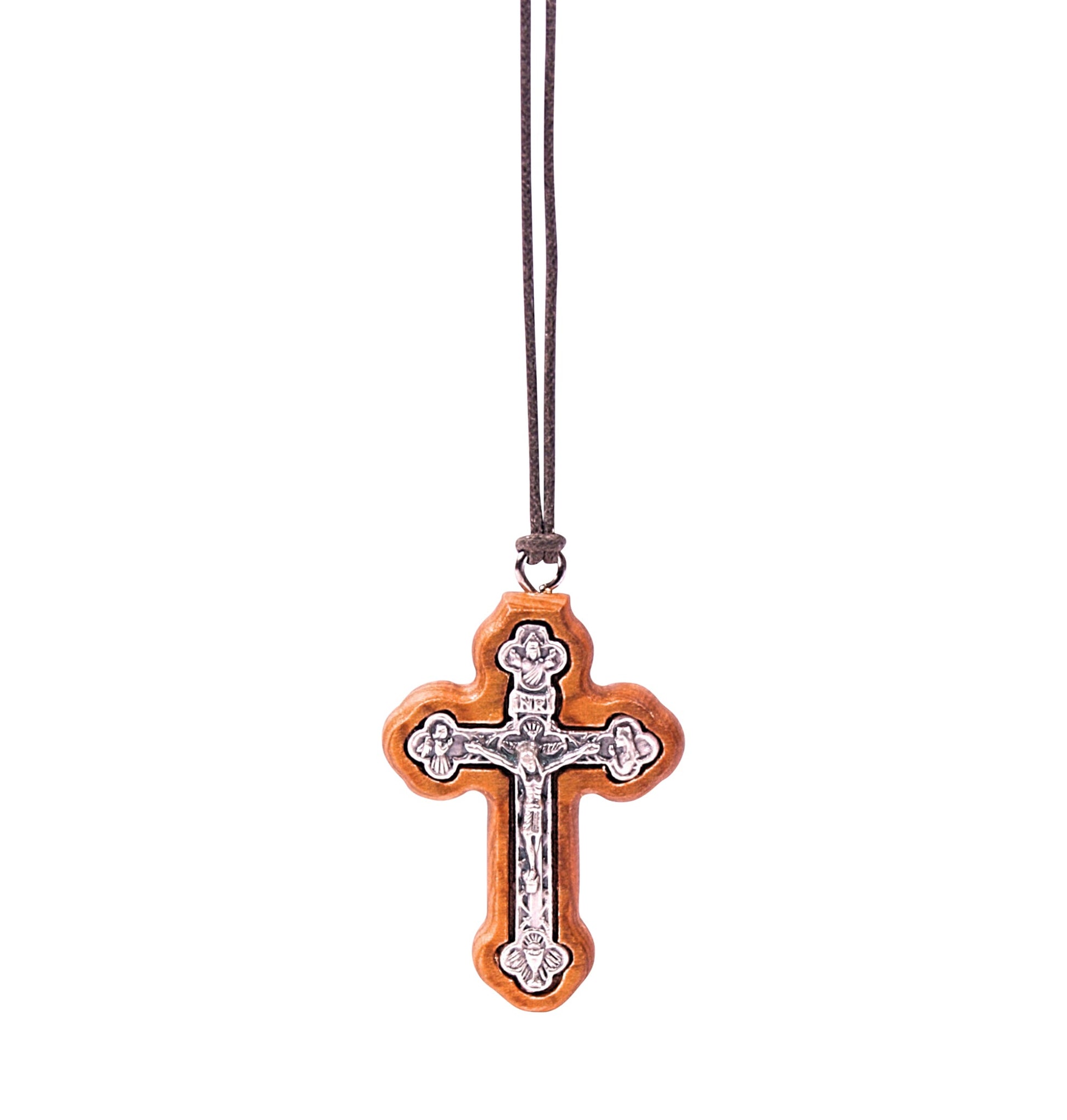 Orthodox Elegance Olive Wood Crucifix Necklace Close Up