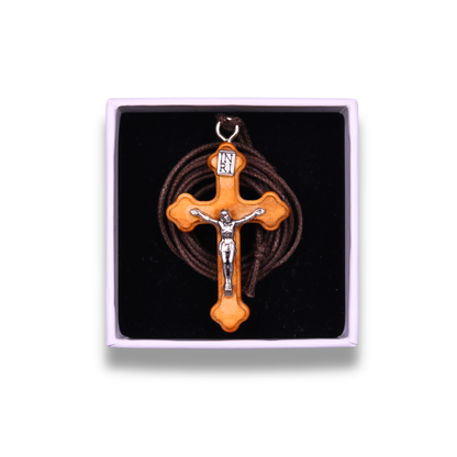 Orthodox Olive Wood Crucifix Necklace In Gift Box