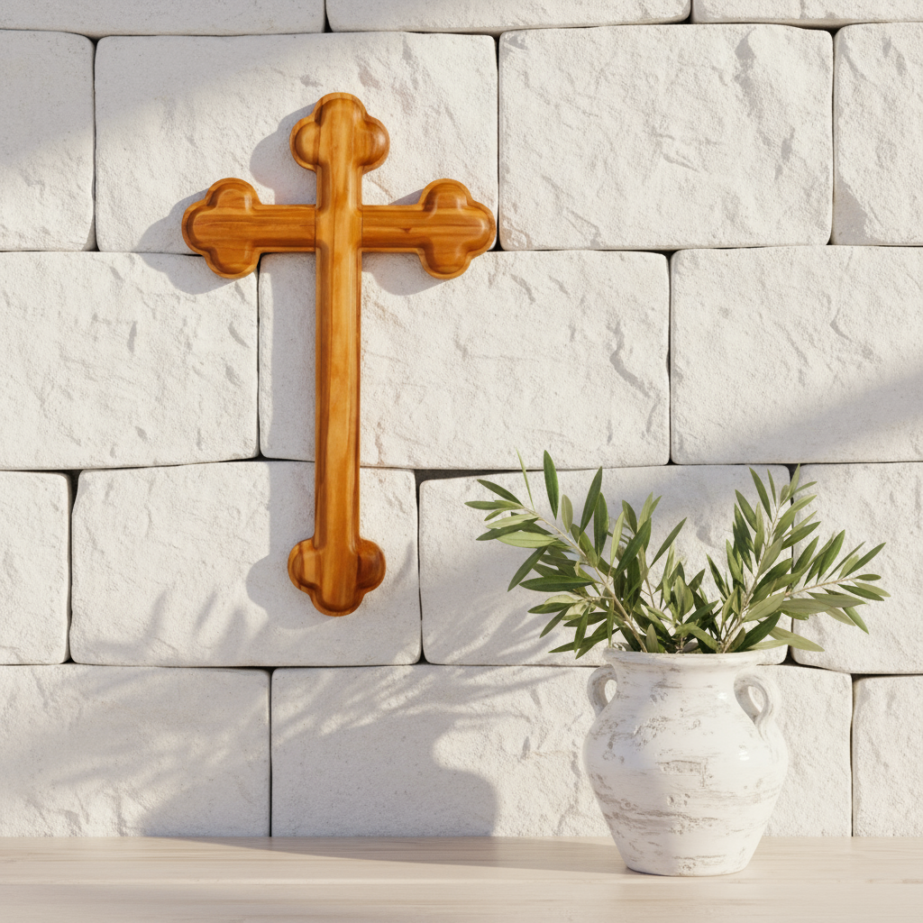 Olive wood Orthodox cross on a stone wall
