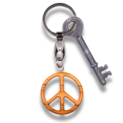 Peace Symbol Pendant Olive Wood Keychain With Key