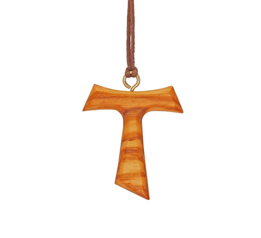 Peaceful Covenant Olive Wood Tau Cross Necklace Close Up