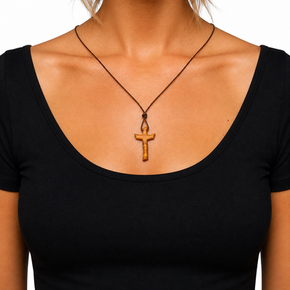 Person wearing Olive Wood Charming Cross Necklace