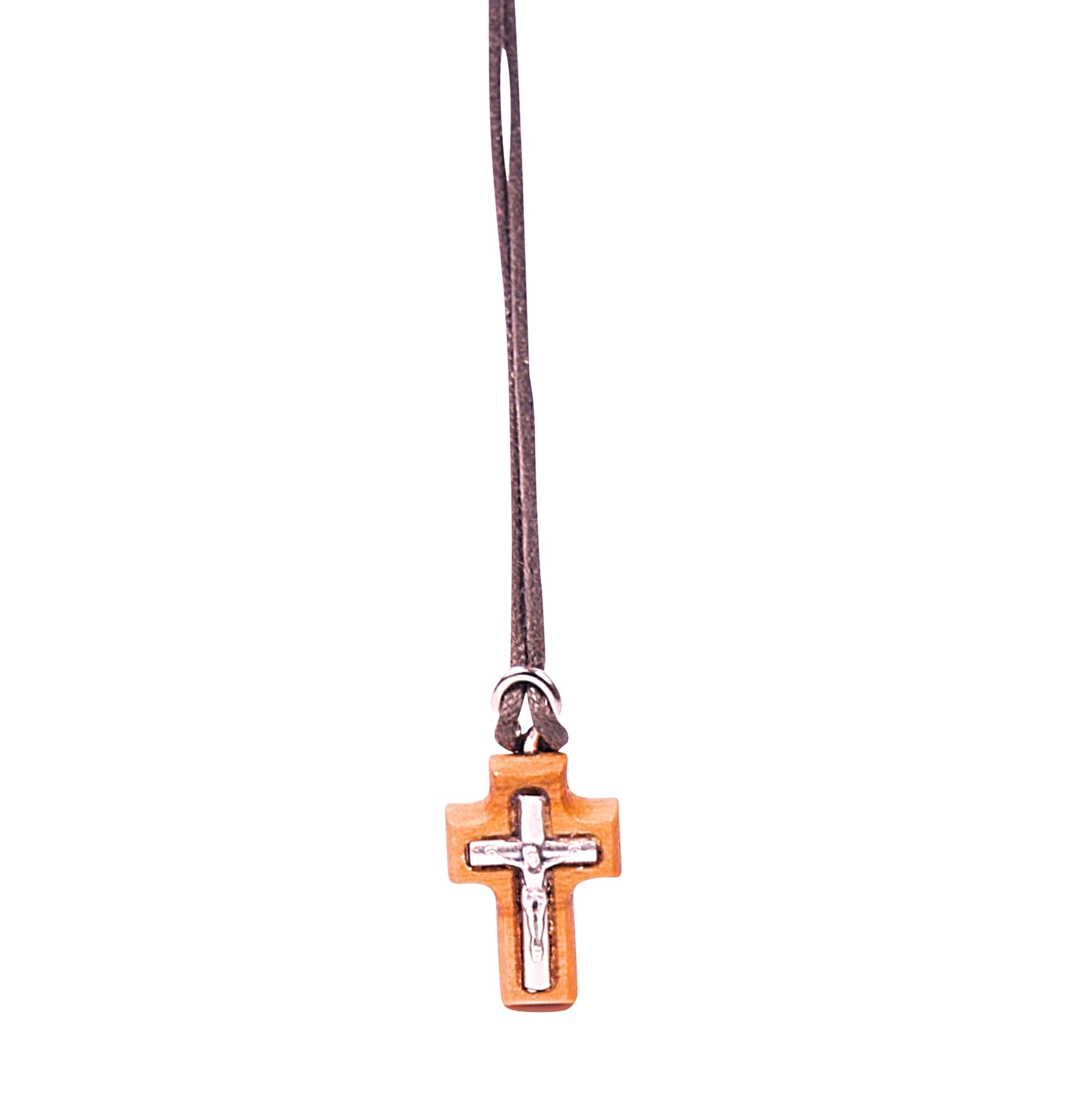 Petite Reverence Olive Wood Crucifix Necklace Close Up