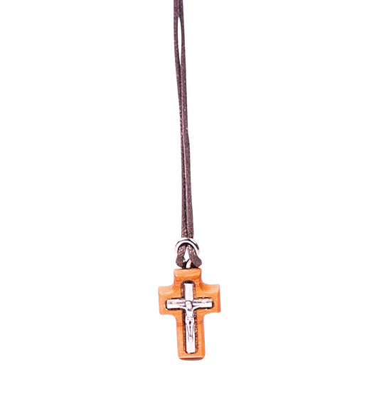 Petite Reverence Olive Wood Crucifix Necklace Close Up