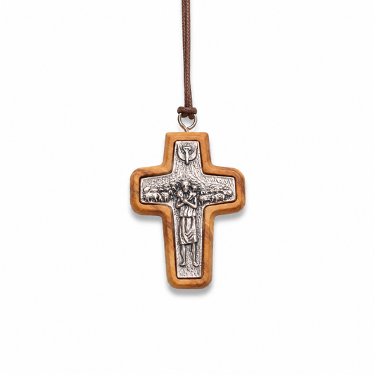 Detail view of Pope Francis Olive Wood Cross Necklace