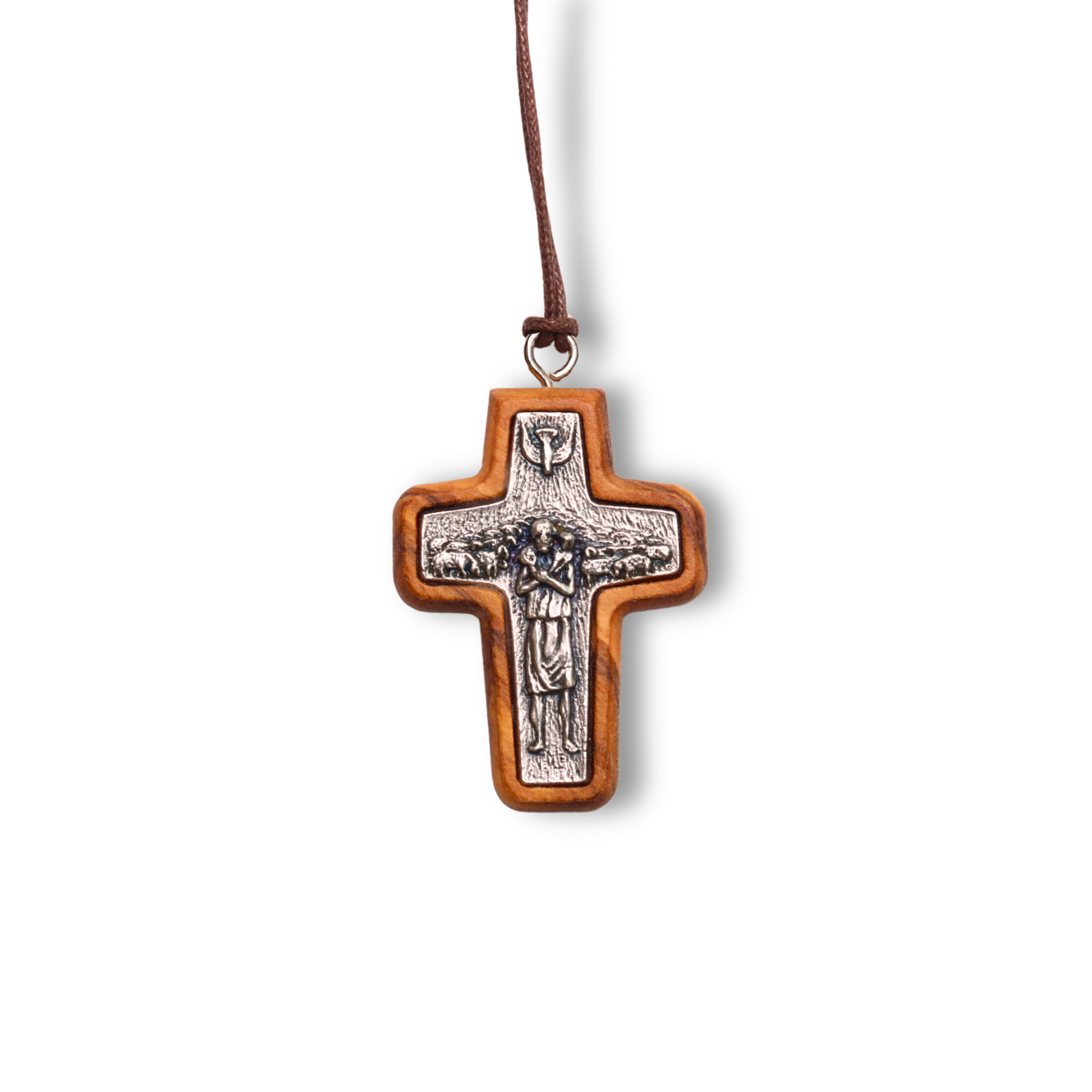 Pope Francis Olive Wood Framed Metal Cross Close Up
