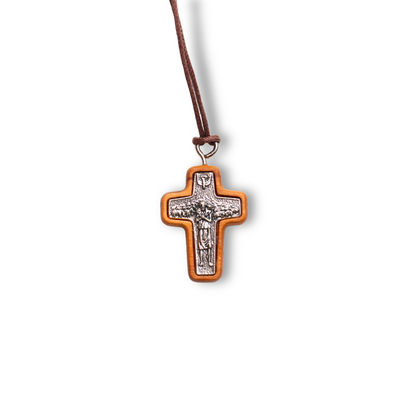 Pope Francis Olive Wood Framed Metal Cross Close Up