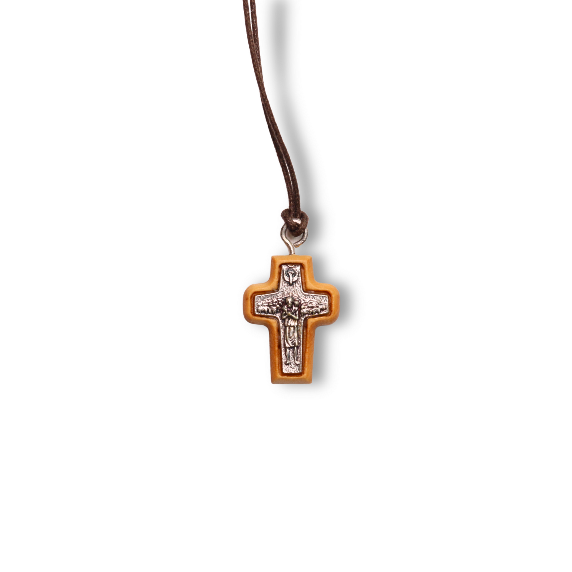 Pope Francis Olive Wood Framed Metal Cross Close Up