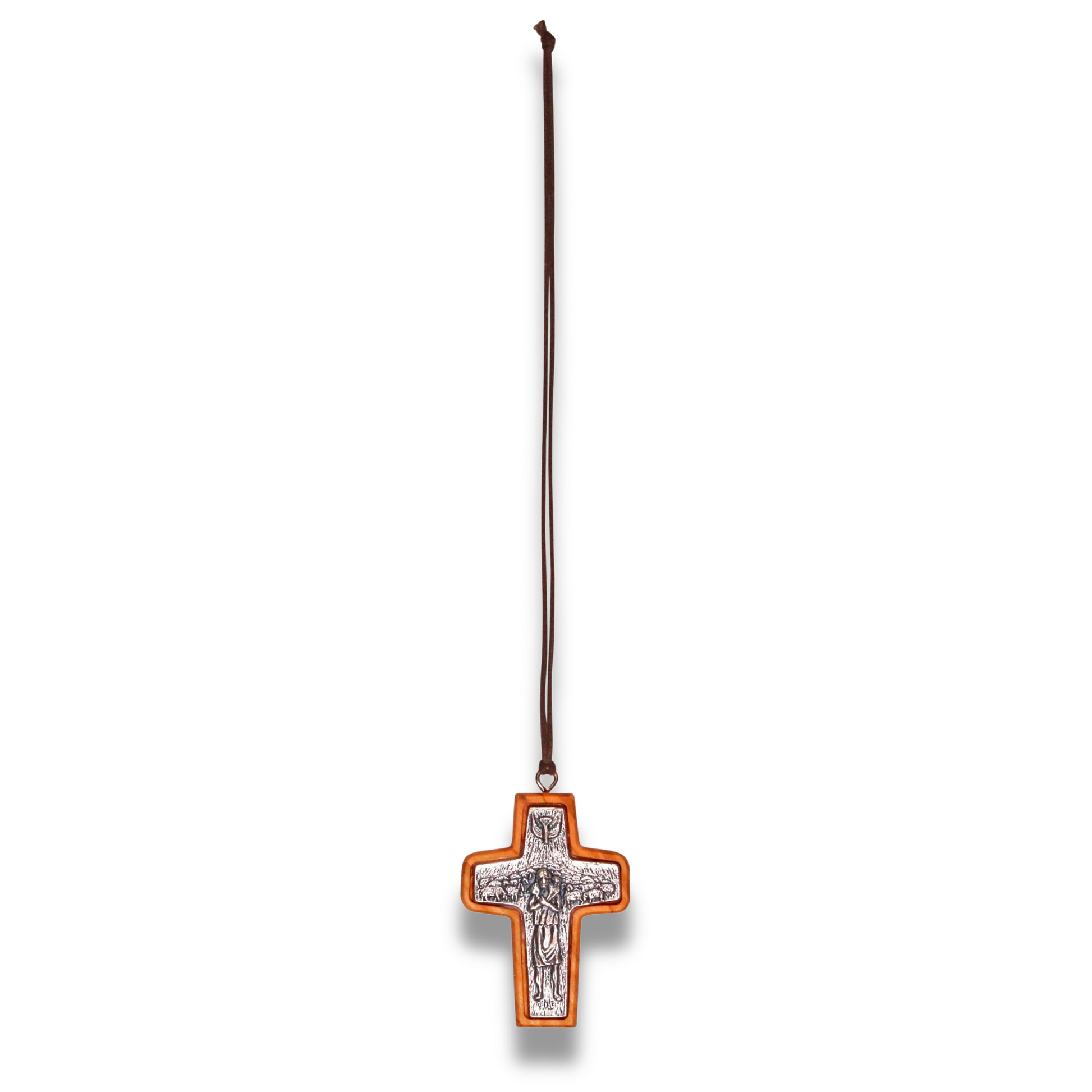 Pope Francis Olive Wood Framed Metal Cross Full Length