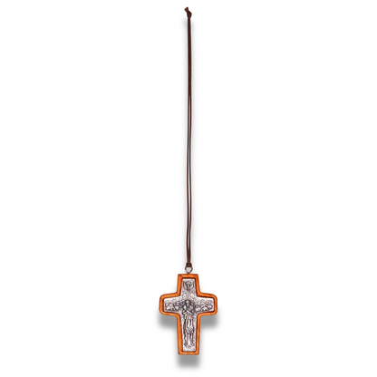 Pope Francis Olive Wood Framed Metal Cross Full Length