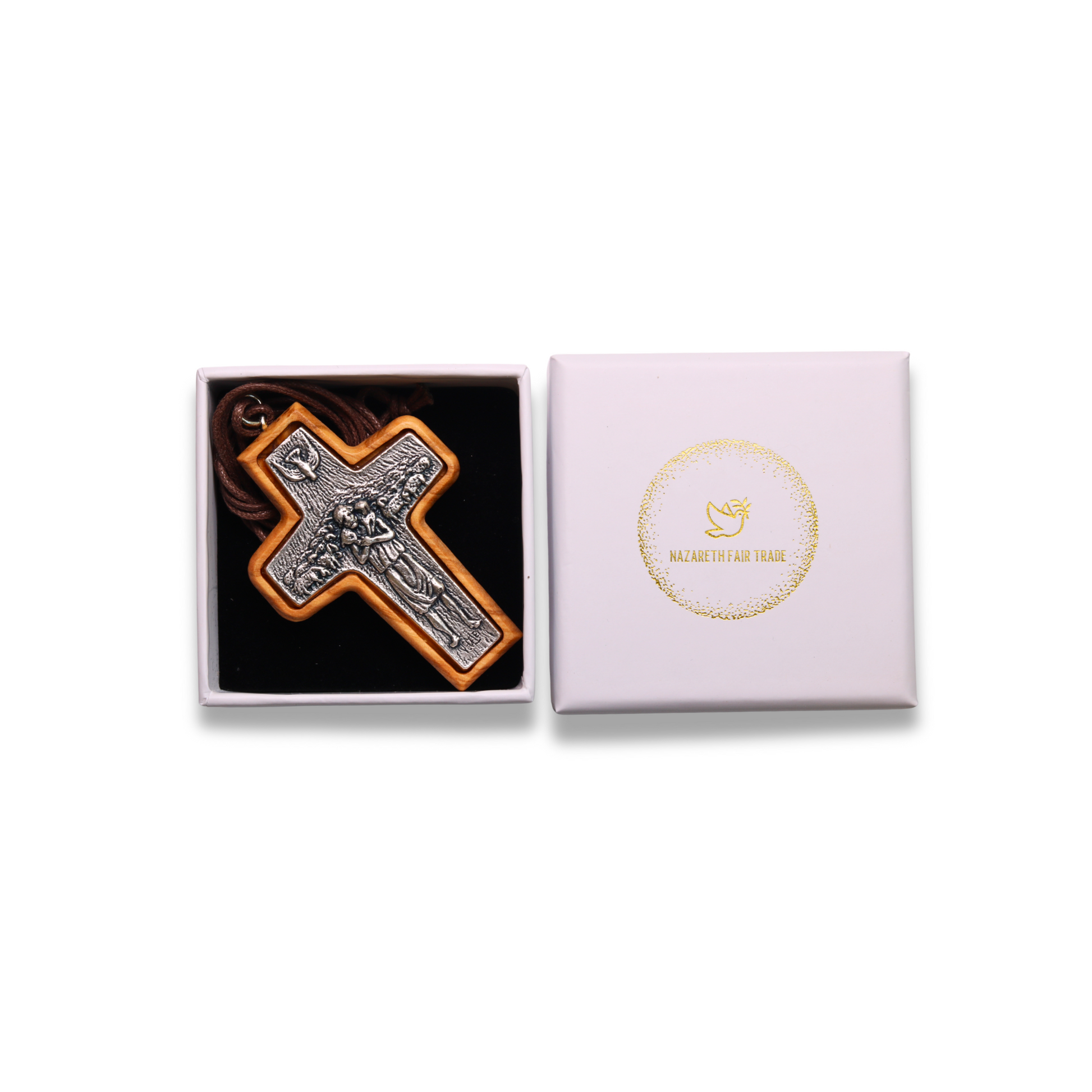 Pope Francis Olive Wood Framed Metal Cross in gift box