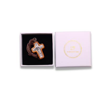 Pope Francis Olive Wood Framed Metal Cross in gift box