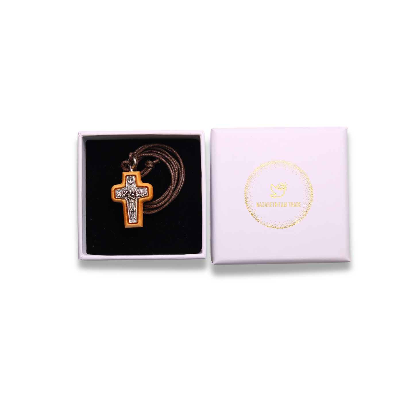 Pope Francis Olive Wood Framed Metal Cross in gift box
