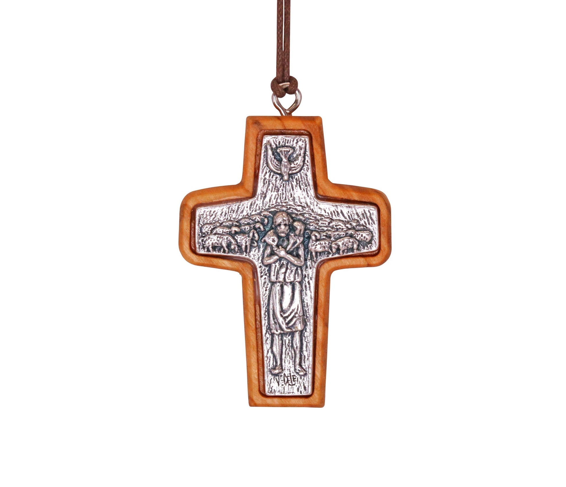 Pope Francis Olive Wood Framed Metal Cross Close Up