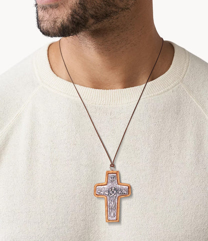 Pope Francis Olive Wood Framed Metal Cross On Man