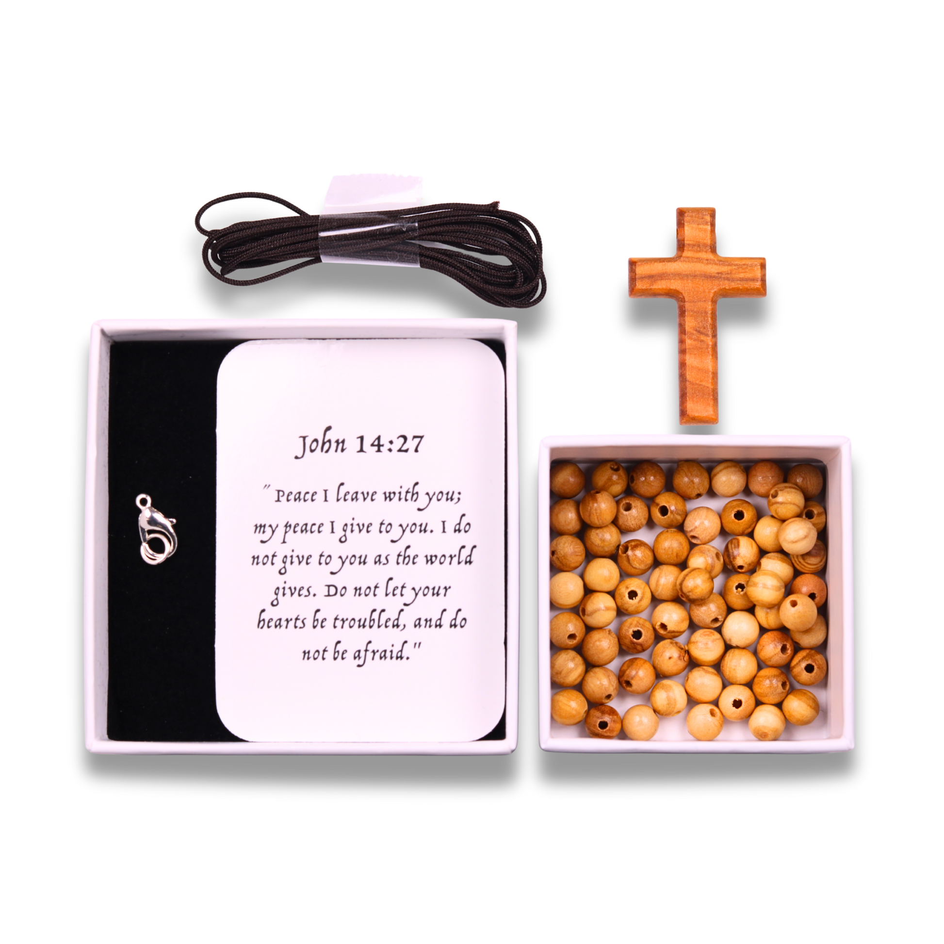 Set of wooden beads, necklace with clasp, and cross in a box with John 14:27 verse card.