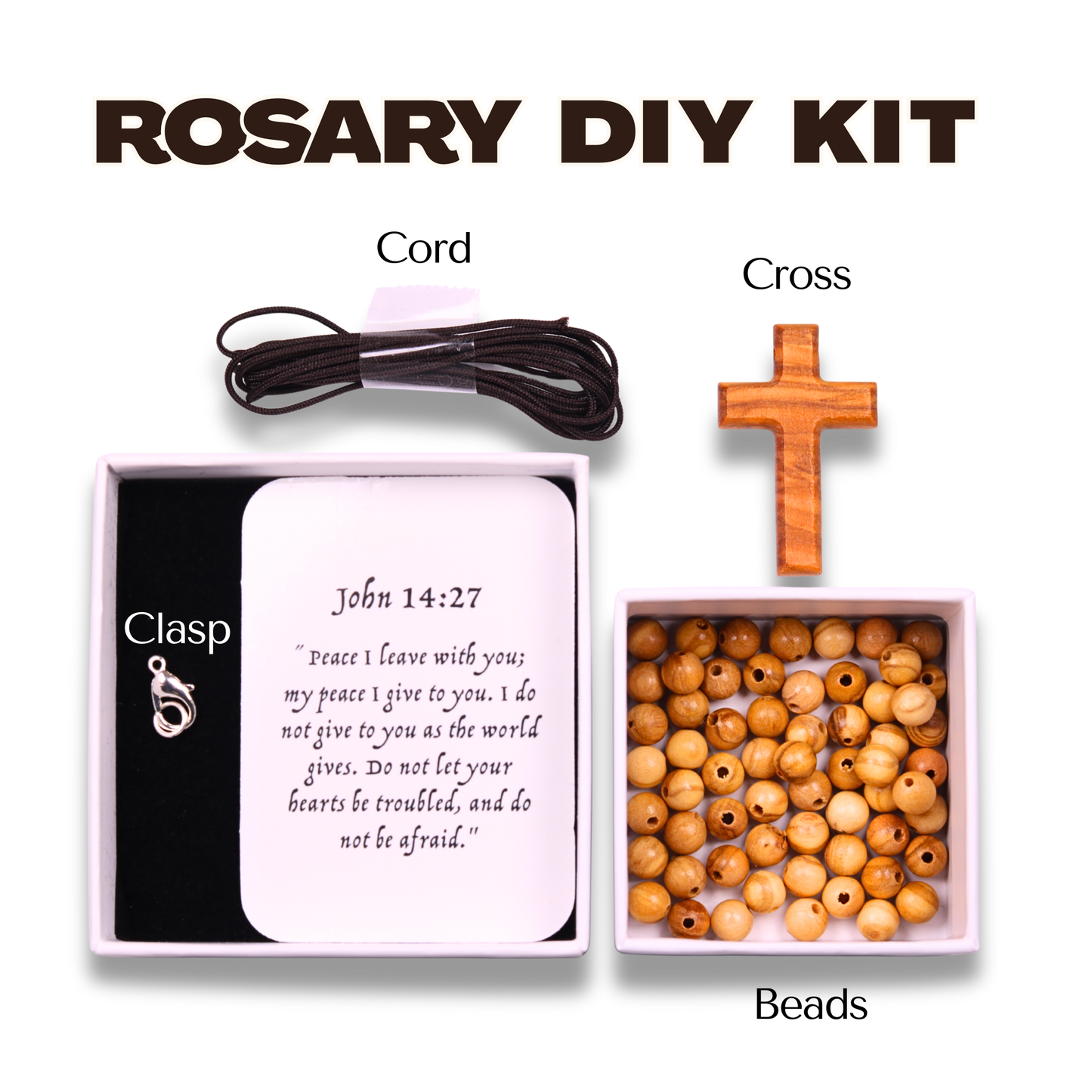Rosary DIY Kit with cord, cross, clasp, and beads on a white background
