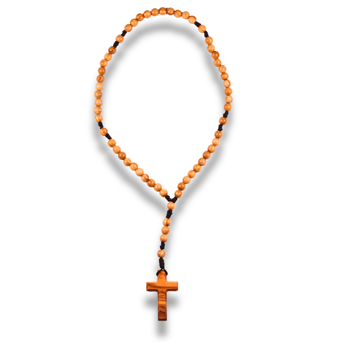 Olive wood rosary and a cross on a white background