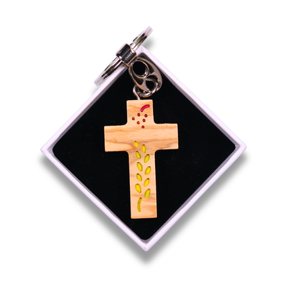 Prosperity Cross Olive Wood Keychain In Gift Box