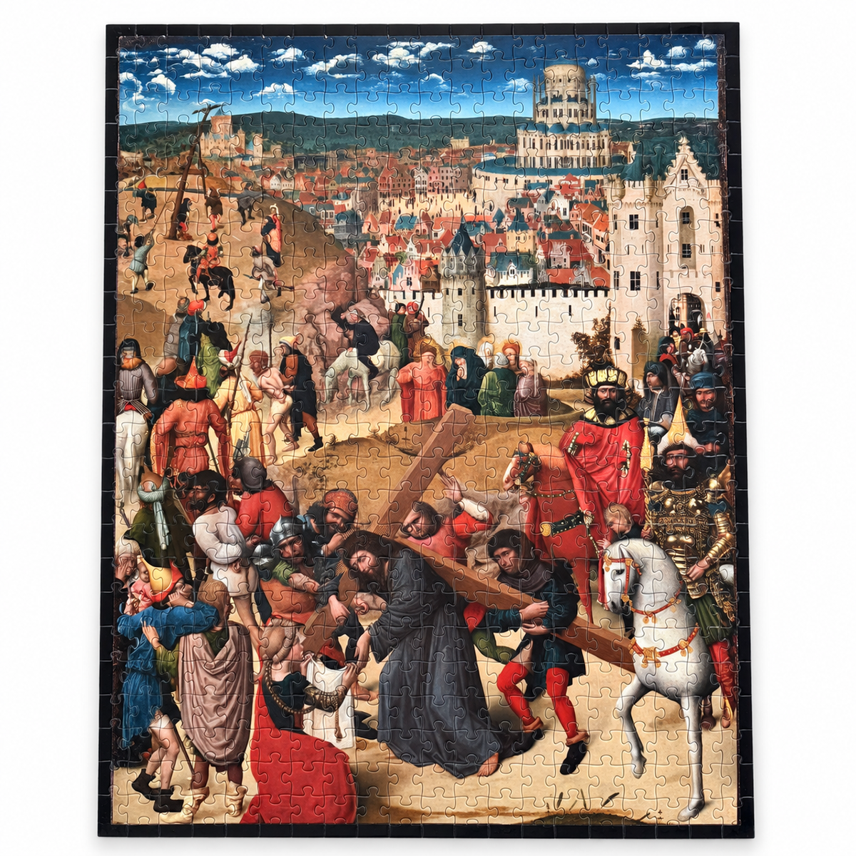 A completed jigsaw puzzle showing a detailed historical painting scene with many figures, a cityscape, and a white horse, photographed against a plain white background.